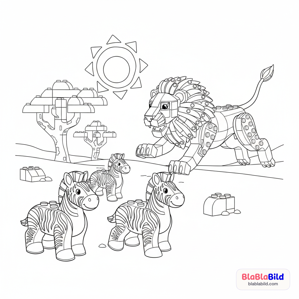 Ein Lego-Löwe springt in eine Herde Duplo-Zebras