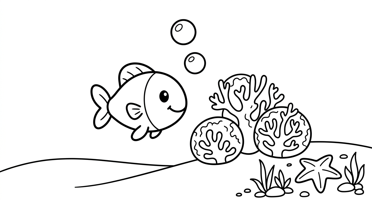 Coloring page of a small fish in a coral reef.