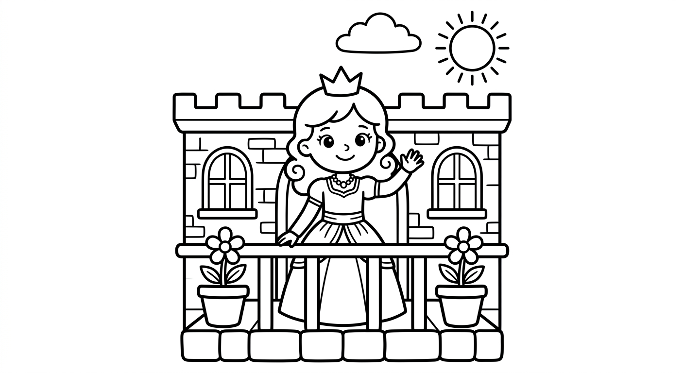 Coloring page of a princess standing on a balcony.