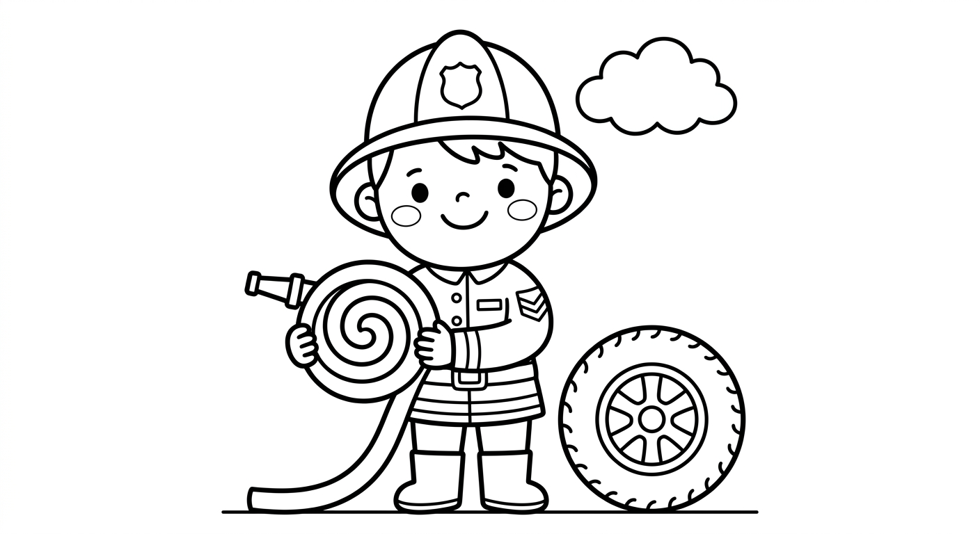Coloring page of a firefighter with a helmet and hose.