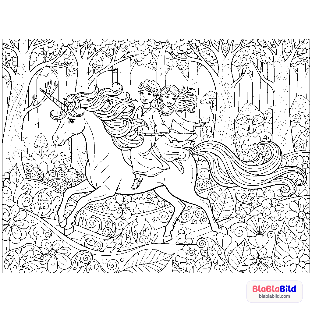 Zwei Kinder reiten auf einem Einhorn, das über ein Feld g…