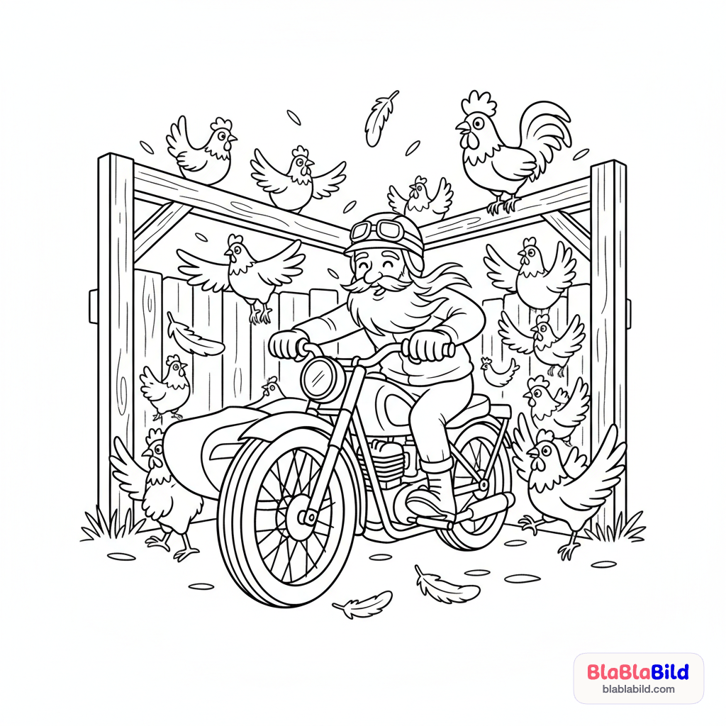 Coloring page of a grandpa riding a motorcycle in a chaotic chicken coop.
