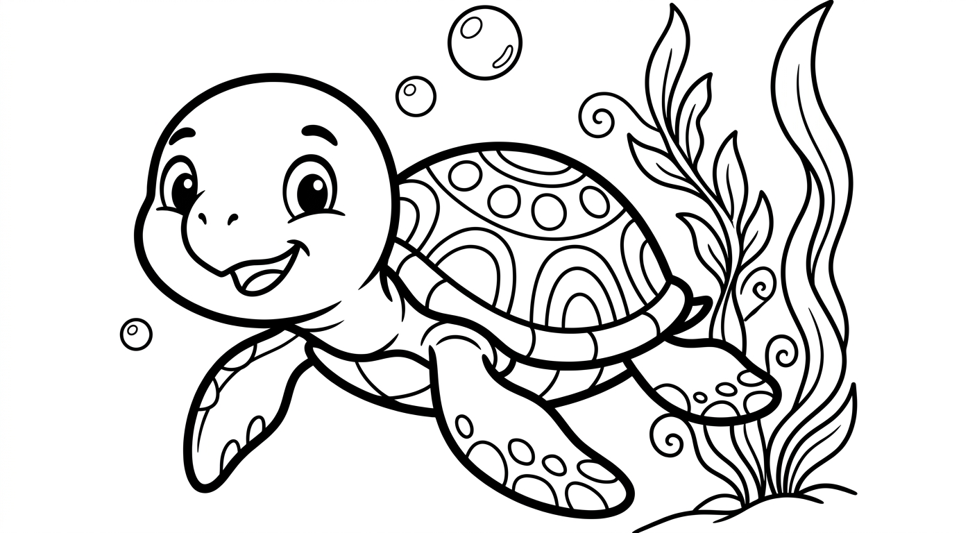 Coloring page of a sea turtle swimming underwater