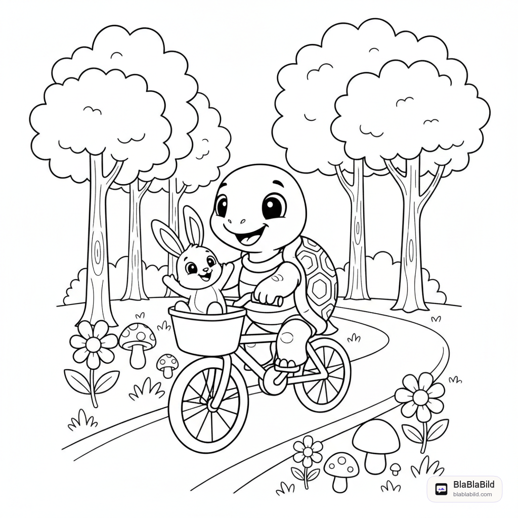 Coloring page of a turtle and a rabbit riding bicycles together through a forest.