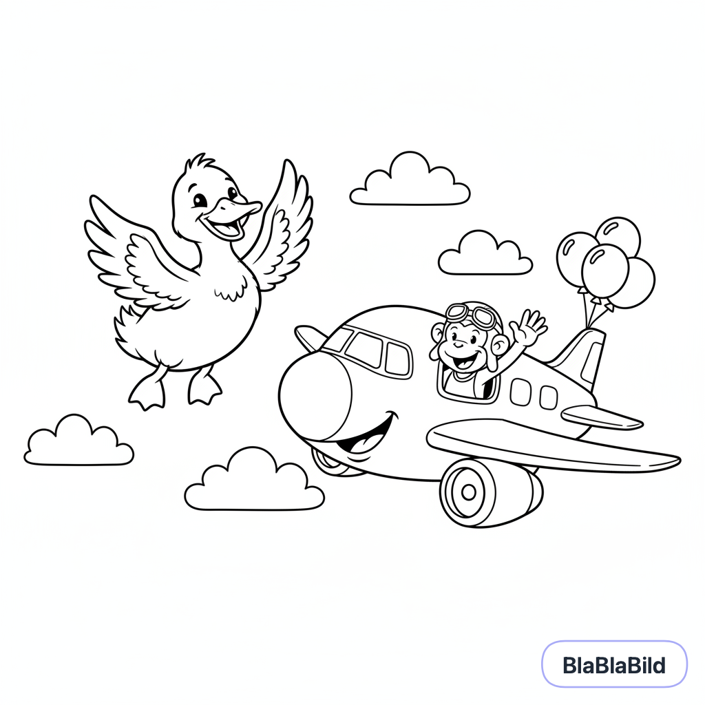 Coloring page of a duck flying in the sky and seeing a monkey in a jumbo jet.