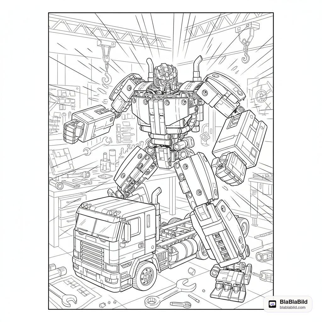 Coloring page from a mini story about a robot that transforms into a truck.