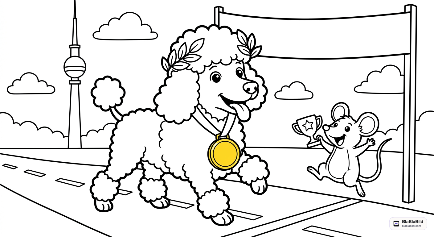 Coloring page of a poodle winning a race and receiving a gold medal.