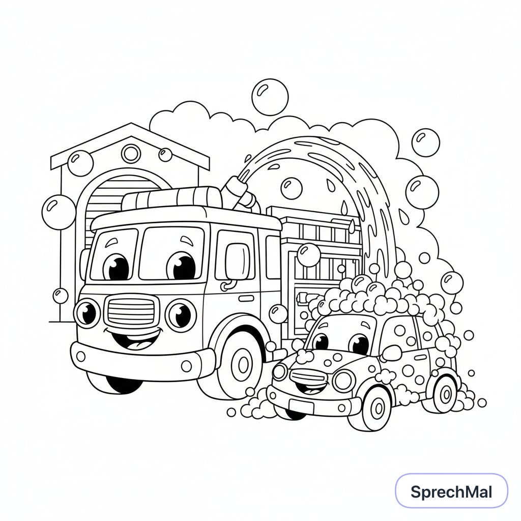 Malvorlage: Ein Auto das brennt und daraus äh äh steigen lustig Flamm…