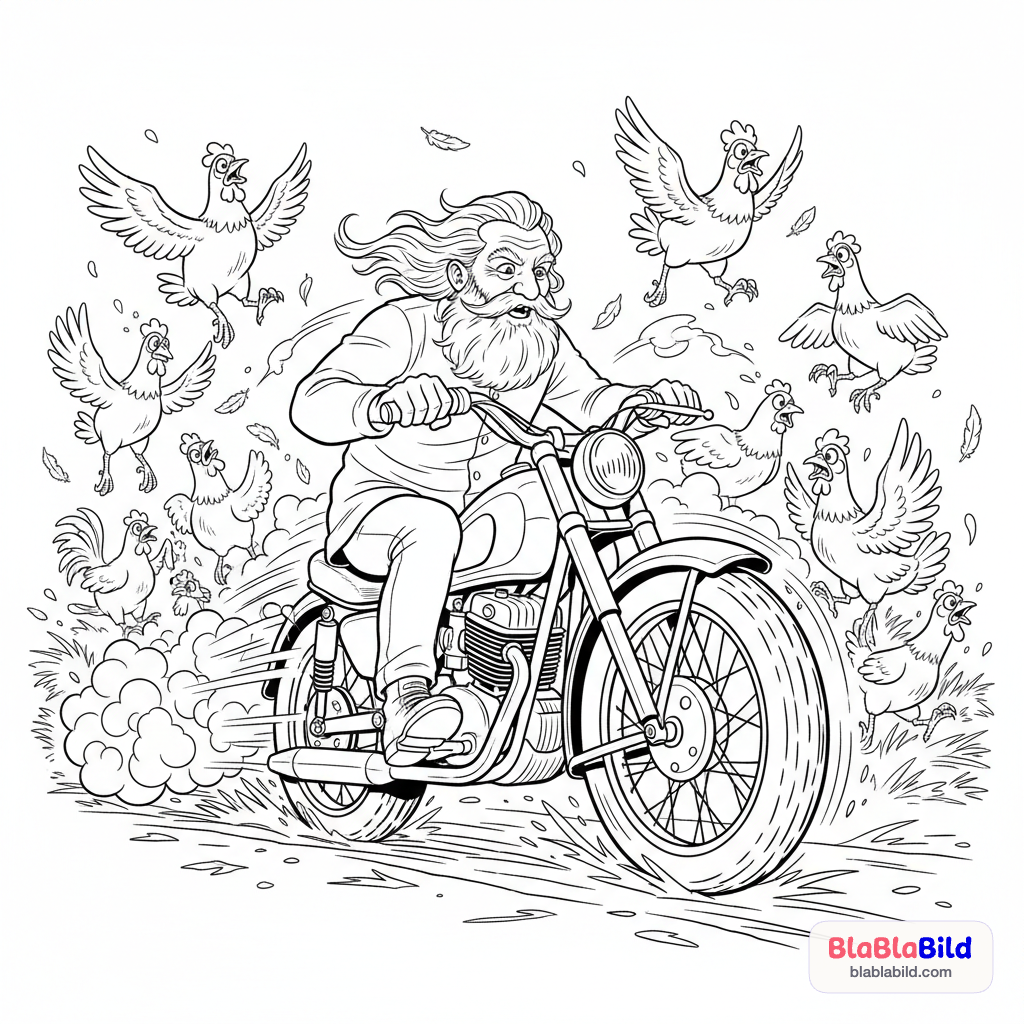 Coloring page of a grandpa riding a motorcycle through a chaotic chicken coop.
