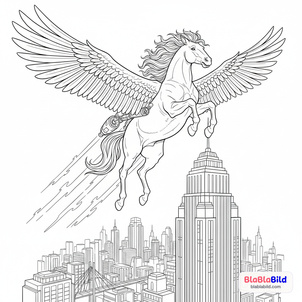 Ein Pferd springt von einem Hochhaus, entfaltet Düsen-Tri