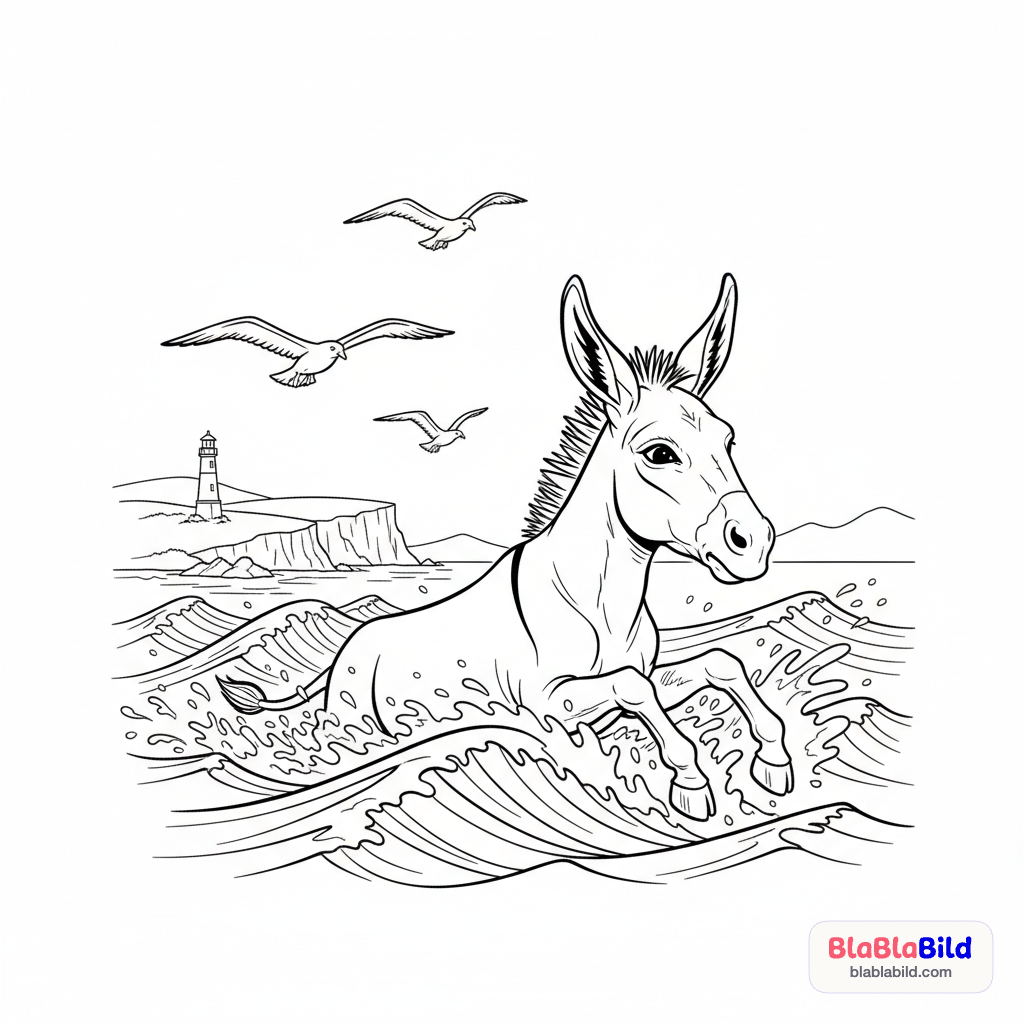 Coloring page of a donkey swimming the English Channel.