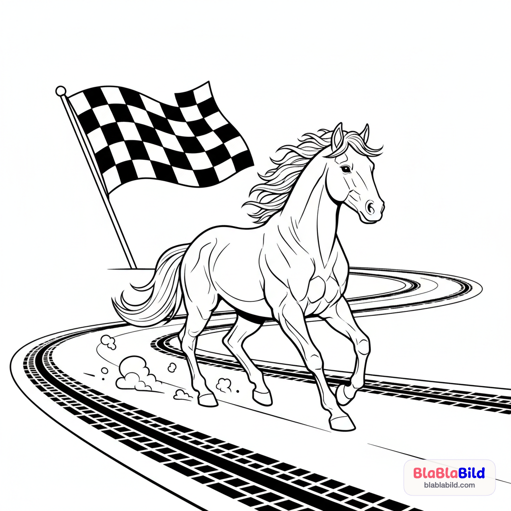 Ein Pferd geht selbstbewusst auf einer Go-Kart-Bahn