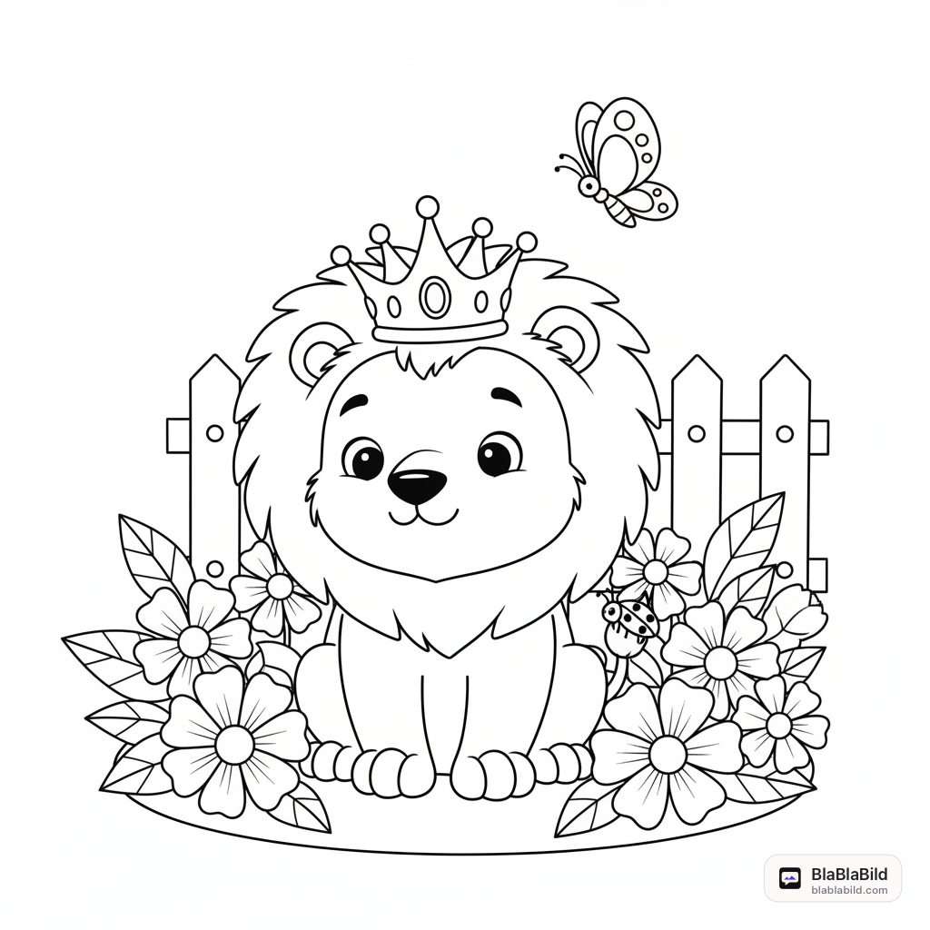 Coloring page of a proud lion wearing a crown, counting ladybugs among flowers.