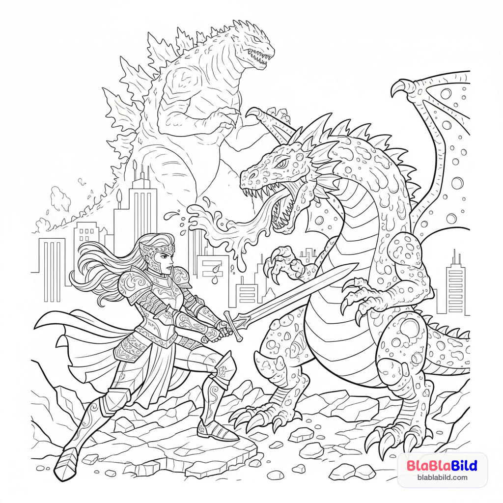 Eine Prinzessin kämpft mit einem Käse-Drachen gegen Godzilla