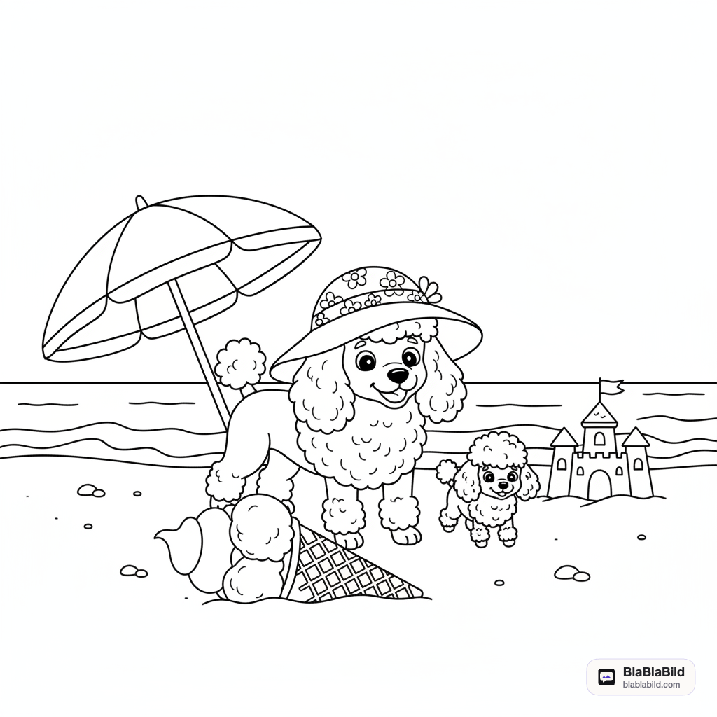 Ein großer und ein kleiner Pudel finden am Strand ein