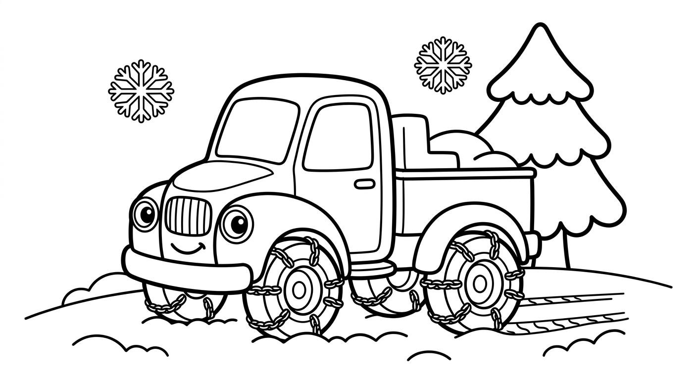 Ein LKW im Schnee mit Schneeketten