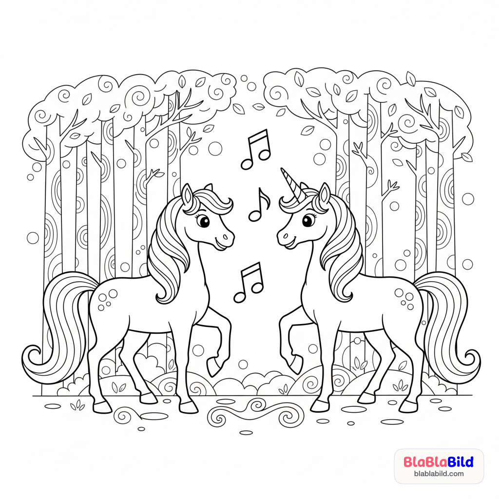 Ein Pferd und ein Einhorn unterhalten sich und lachen übe…