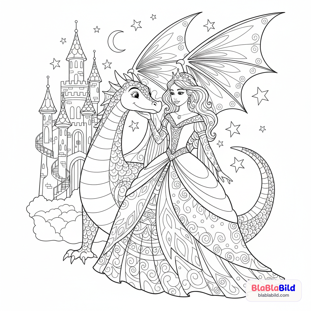 Eine Prinzessin mit einem freundlichen Drachen vor einem…