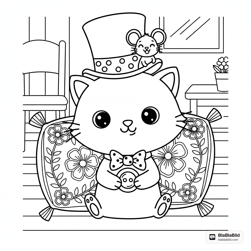 Coloring page from a mini story about a dapper cat and a tiny mouse. – page 4