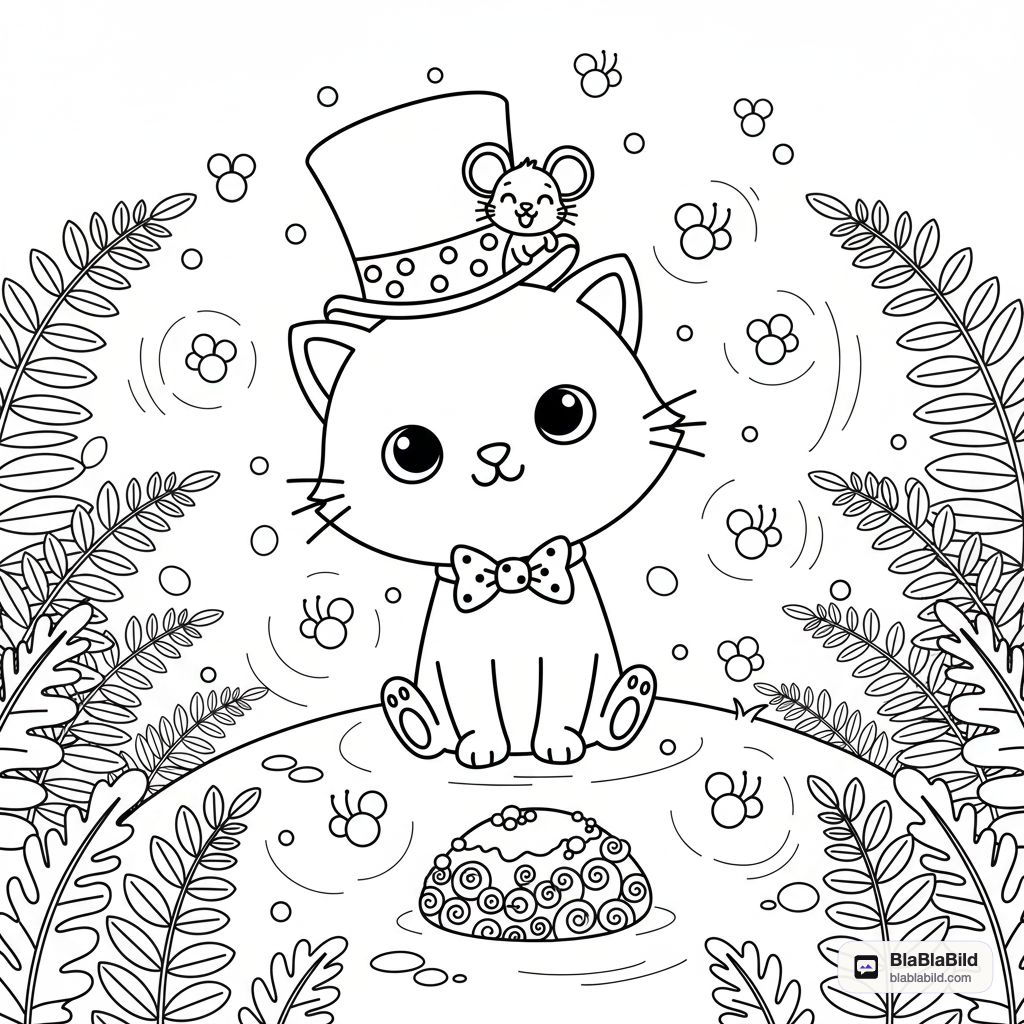 Coloring page from a mini story about a dapper cat and a tiny mouse. – page 6