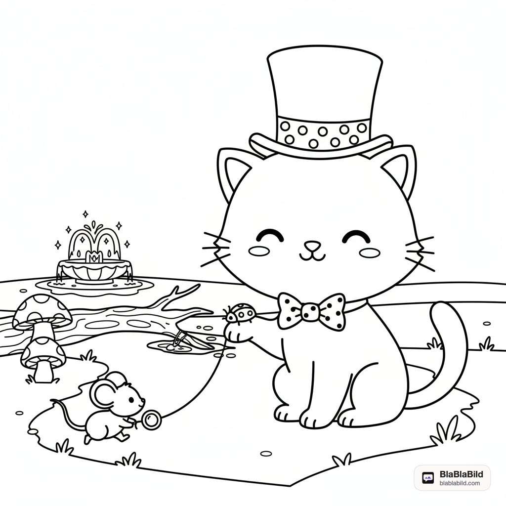 Coloring page from a mini story about a dapper cat and a tiny mouse. – page 8