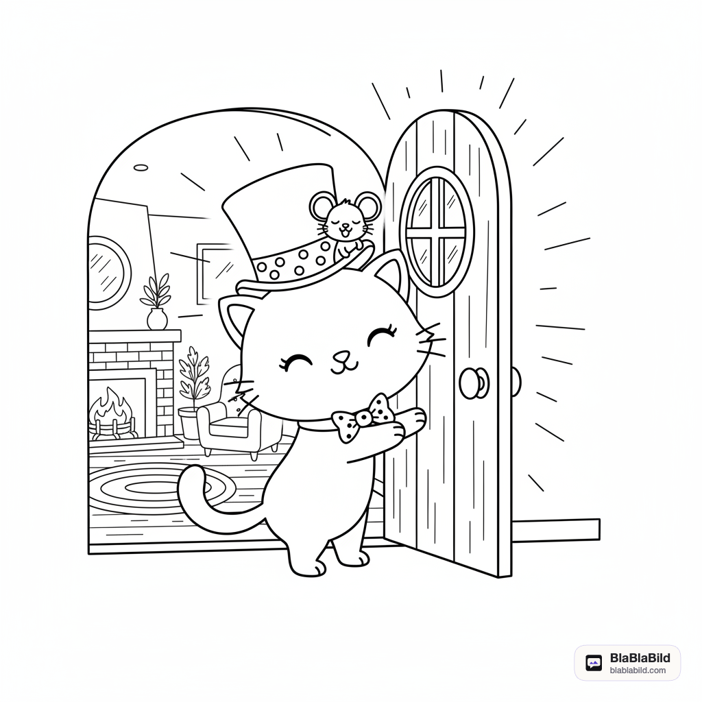 Coloring page from a mini story about a dapper cat and a tiny mouse. – page 9