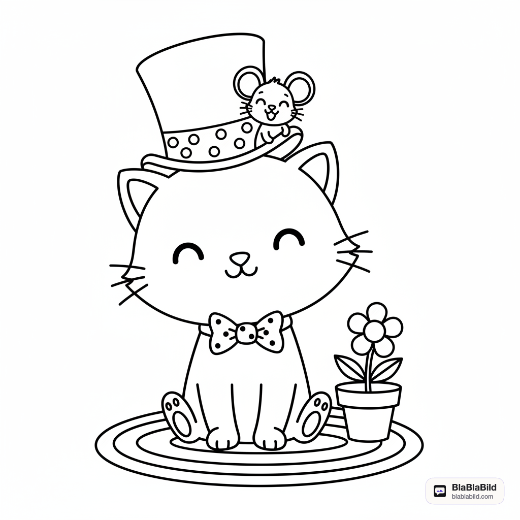 Coloring page from a mini story about a dapper cat and a tiny mouse.