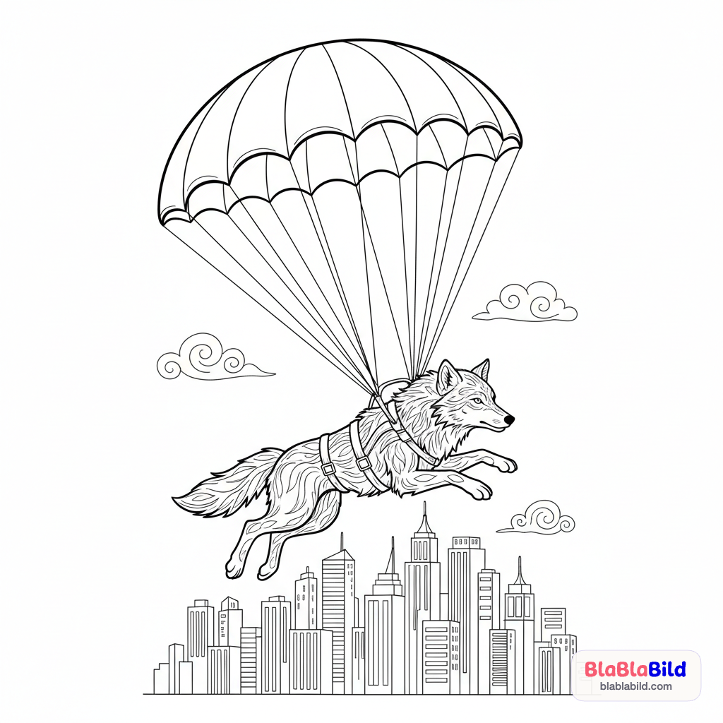 Ein Wolf springt mit dem Fallschirm über einer Stadt ab