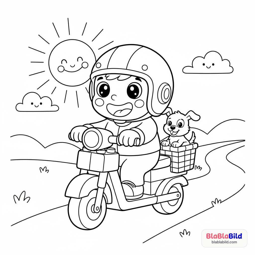 Ein lustiger Fahrer auf seinem Moped aus Bausteinen mit e…