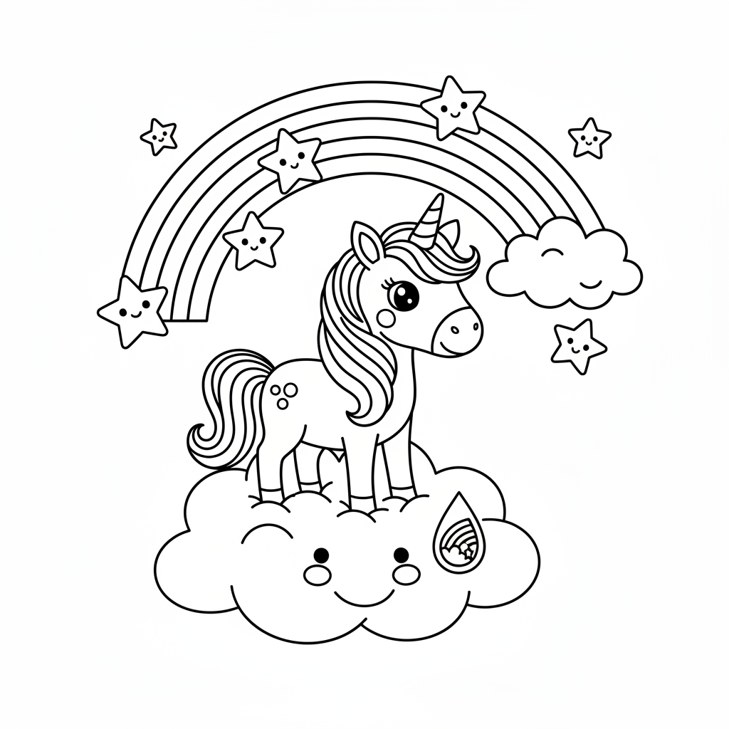 Coloring page from a mini story about a unicorn standing on a cloud. – page 3