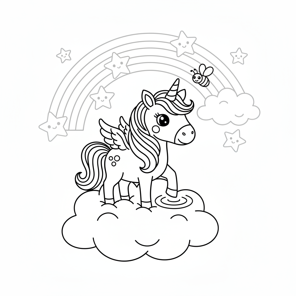 Coloring page from a mini story about a unicorn standing on a cloud. – page 4