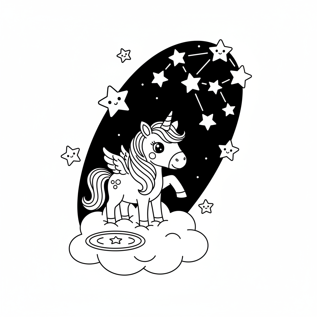 Coloring page from a mini story about a unicorn standing on a cloud. – page 6