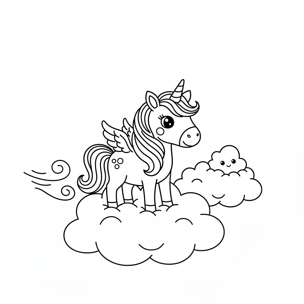Coloring page from a mini story about a unicorn standing on a cloud. – page 8