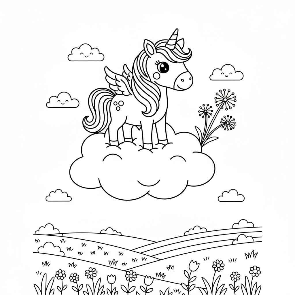 Coloring page from a mini story about a unicorn standing on a cloud. – page 9