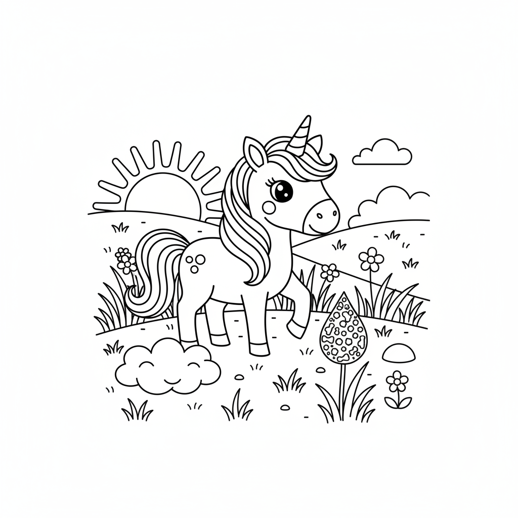 Coloring page from a mini story about a unicorn standing on a cloud. – page 10
