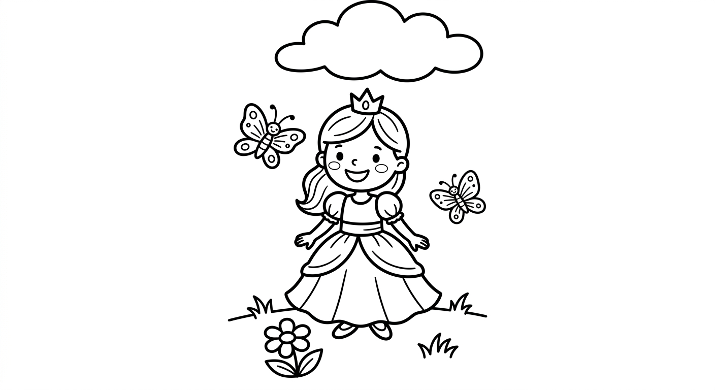 Coloring page of a princess with butterflies