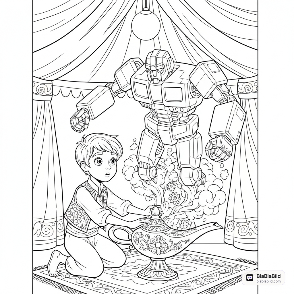 Coloring page of a genie transforming out of a magic lamp as a little boy rubs it.