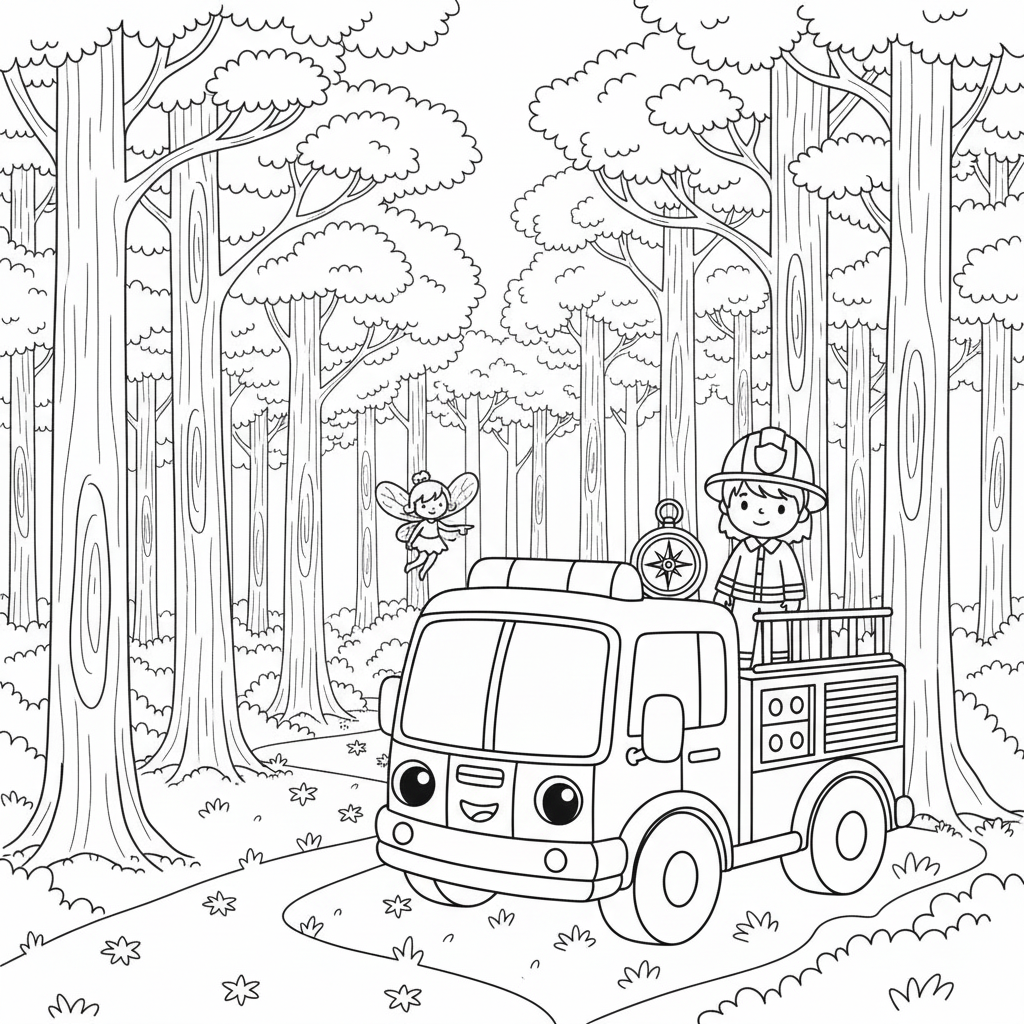 Coloring page from a mini story about a magical fire engine carrying a unicorn, a horse, a fairy, and a firefighter. – page 3