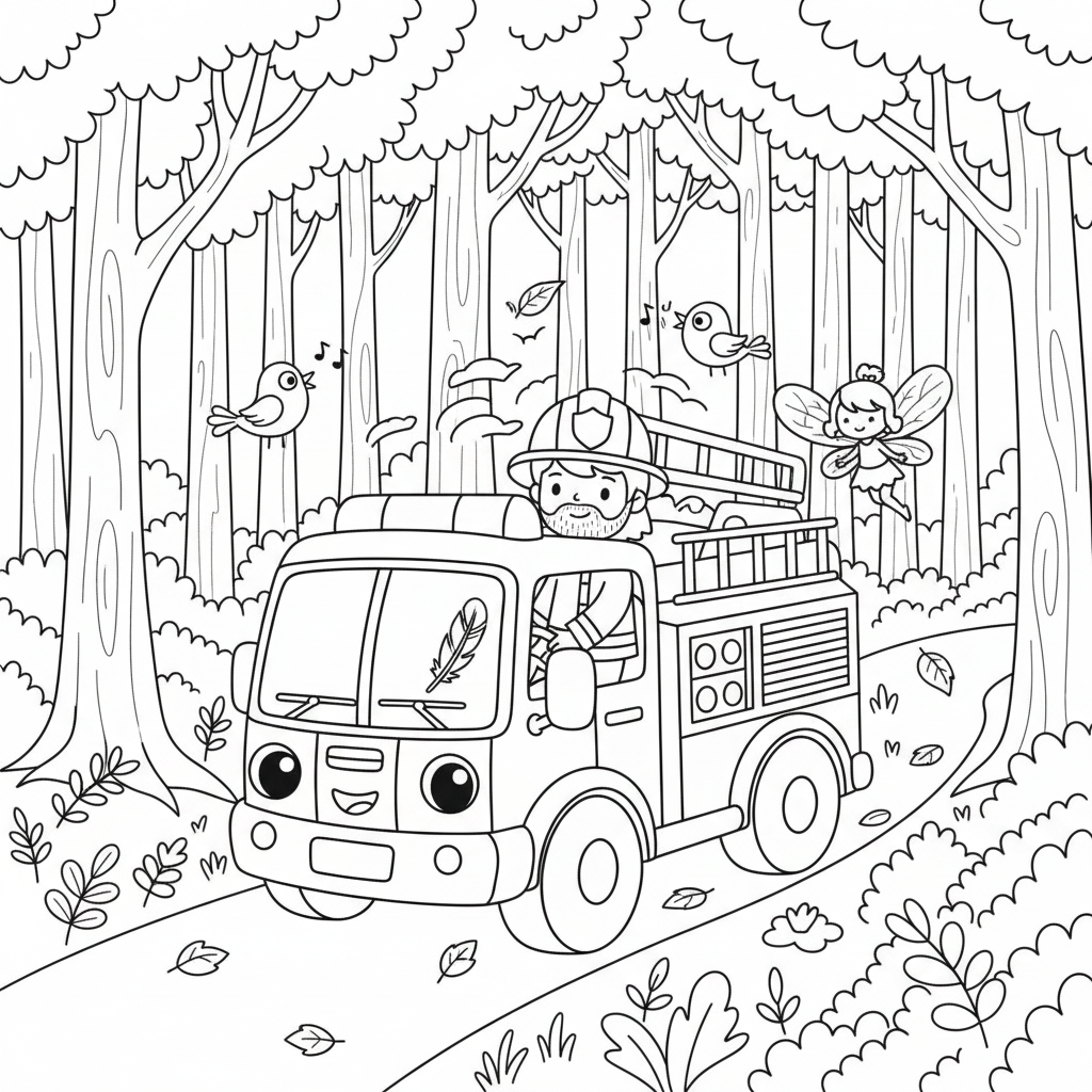 Coloring page from a mini story about a magical fire engine carrying a unicorn, a horse, a fairy, and a firefighter. – page 4