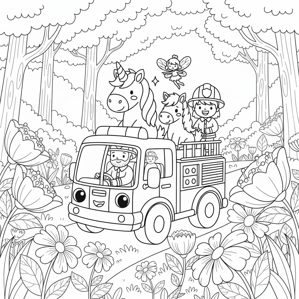 Coloring page from a mini story about a magical fire engine carrying a unicorn, a horse, a fairy, and a firefighter. – page 5