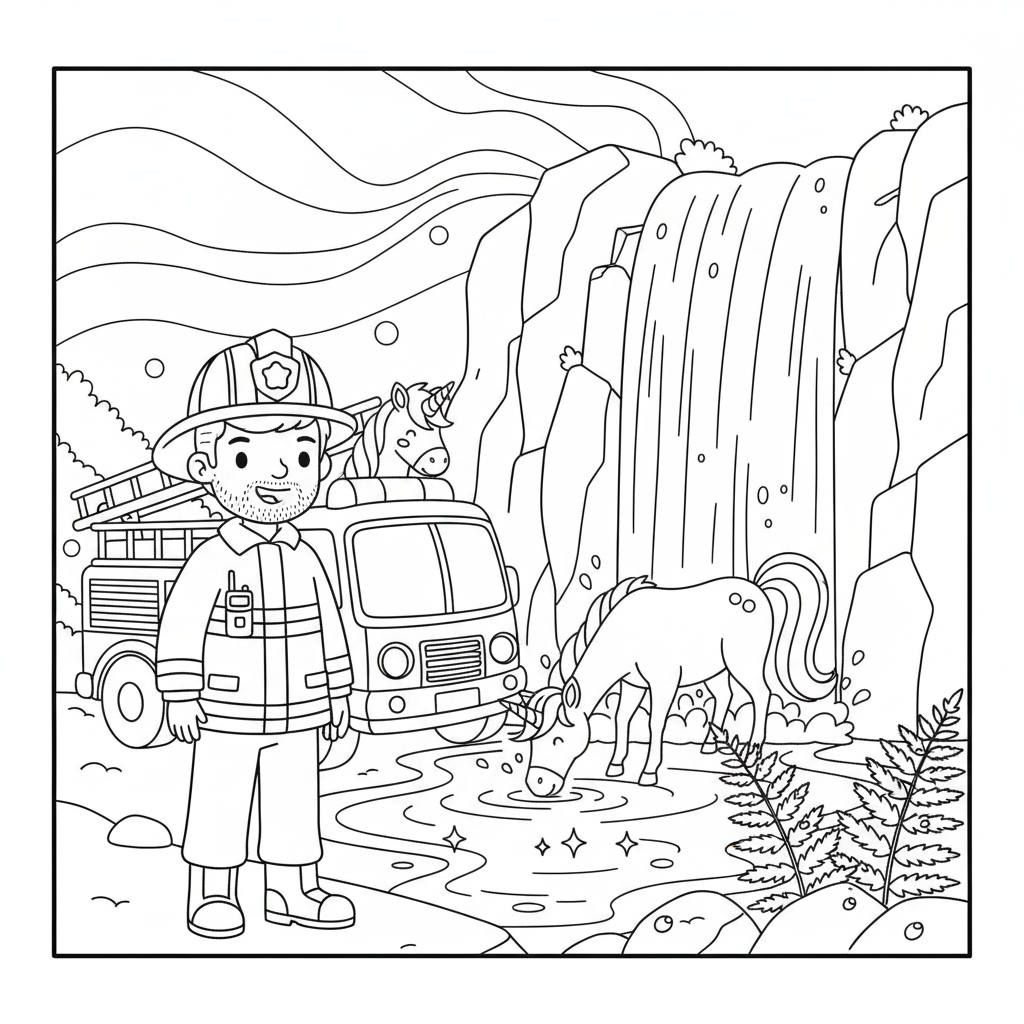 Coloring page from a mini story about a magical fire engine carrying a unicorn, a horse, a fairy, and a firefighter. – page 6