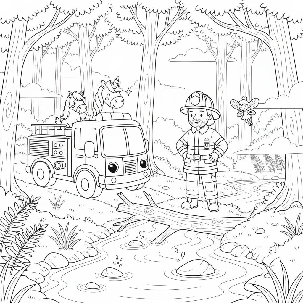 Coloring page from a mini story about a magical fire engine carrying a unicorn, a horse, a fairy, and a firefighter. – page 7