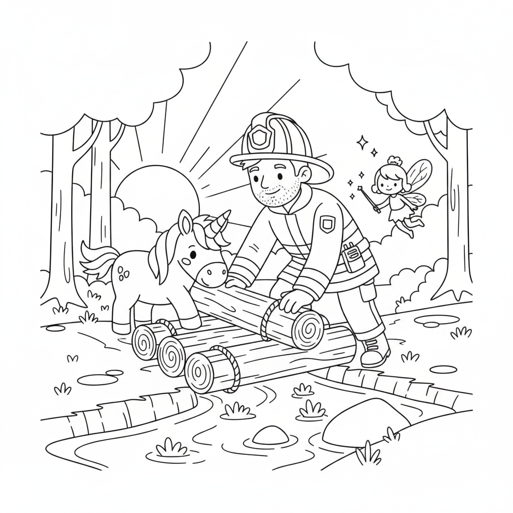 Coloring page from a mini story about a magical fire engine carrying a unicorn, a horse, a fairy, and a firefighter. – page 8