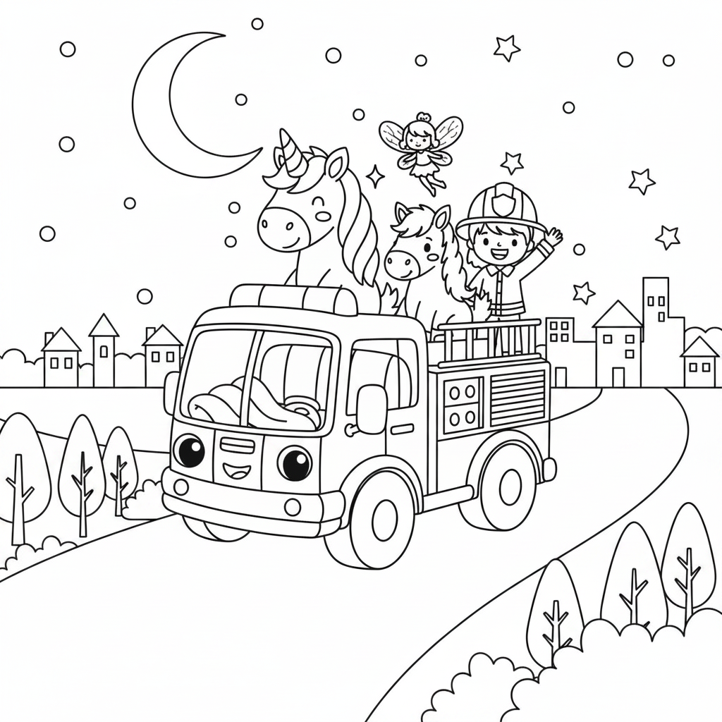 Coloring page from a mini story about a magical fire engine carrying a unicorn, a horse, a fairy, and a firefighter. – page 9