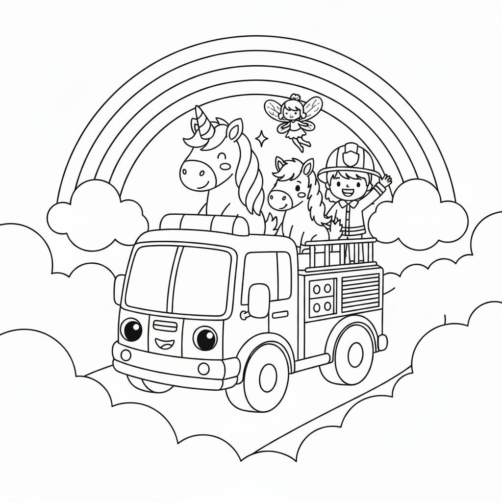 Coloring page from a mini story about a magical fire engine carrying a unicorn, a horse, a fairy, and a firefighter. – page 10