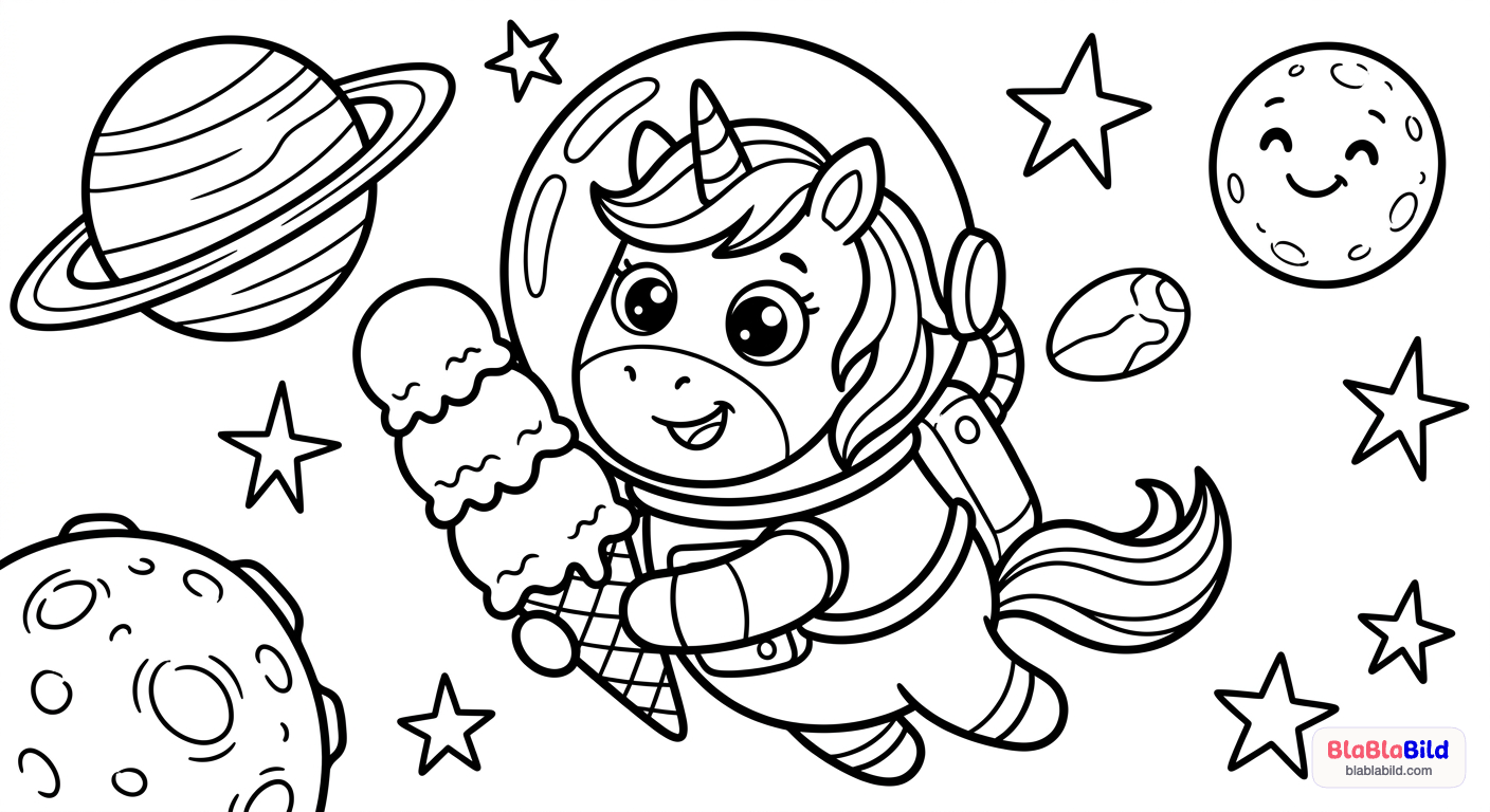 Ein Einhorn mit Weltraumhelm nascht im Weltall eine Eistüte