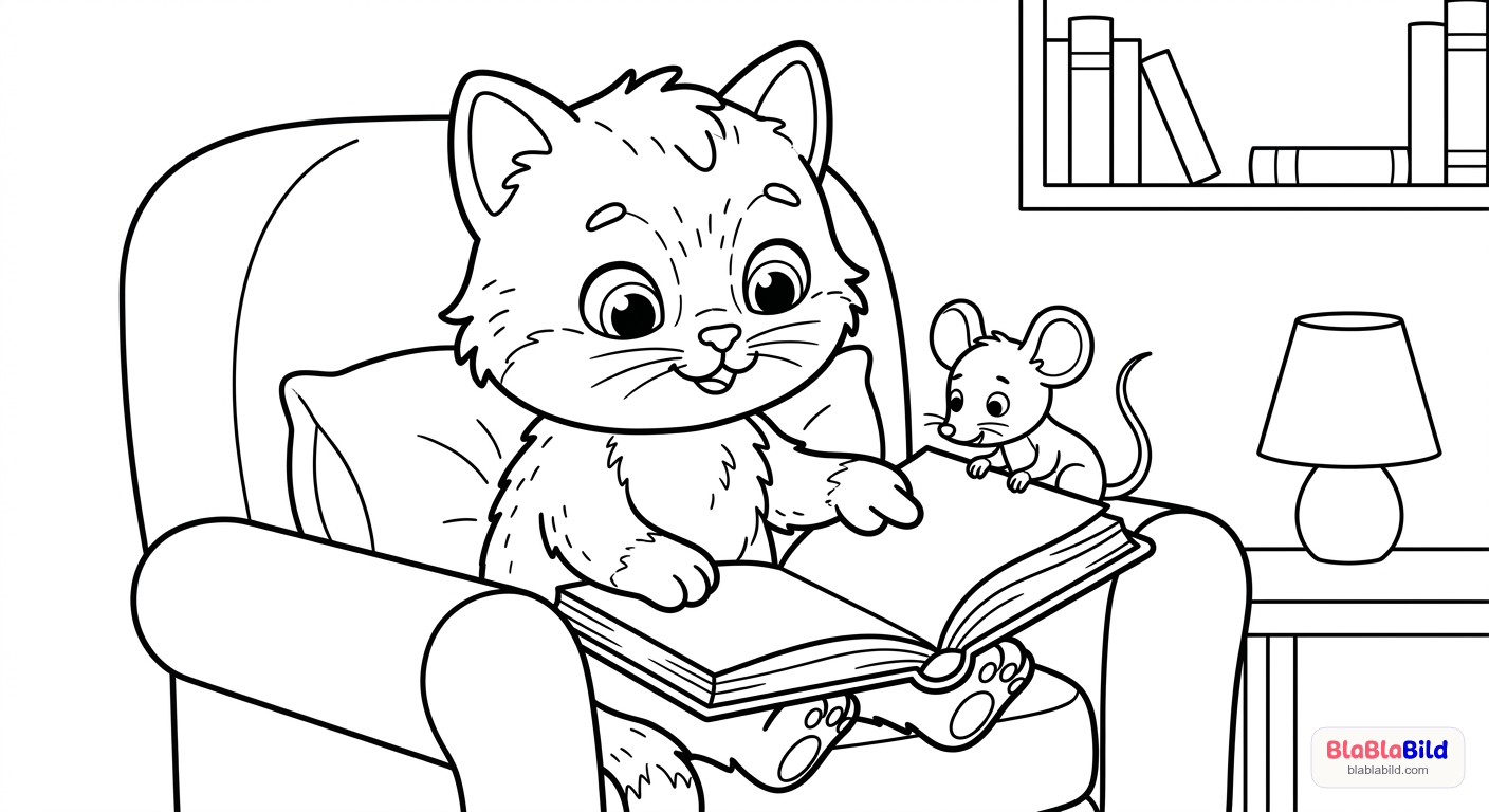 Eine schlaue Katze liest einer kleinen Maus aus einem Buc…