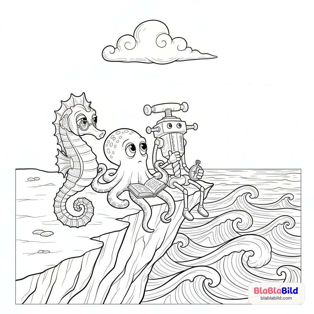 Coloring page of a seahorse, an octopus, and a jackhammer sitting on a cliff pondering life.