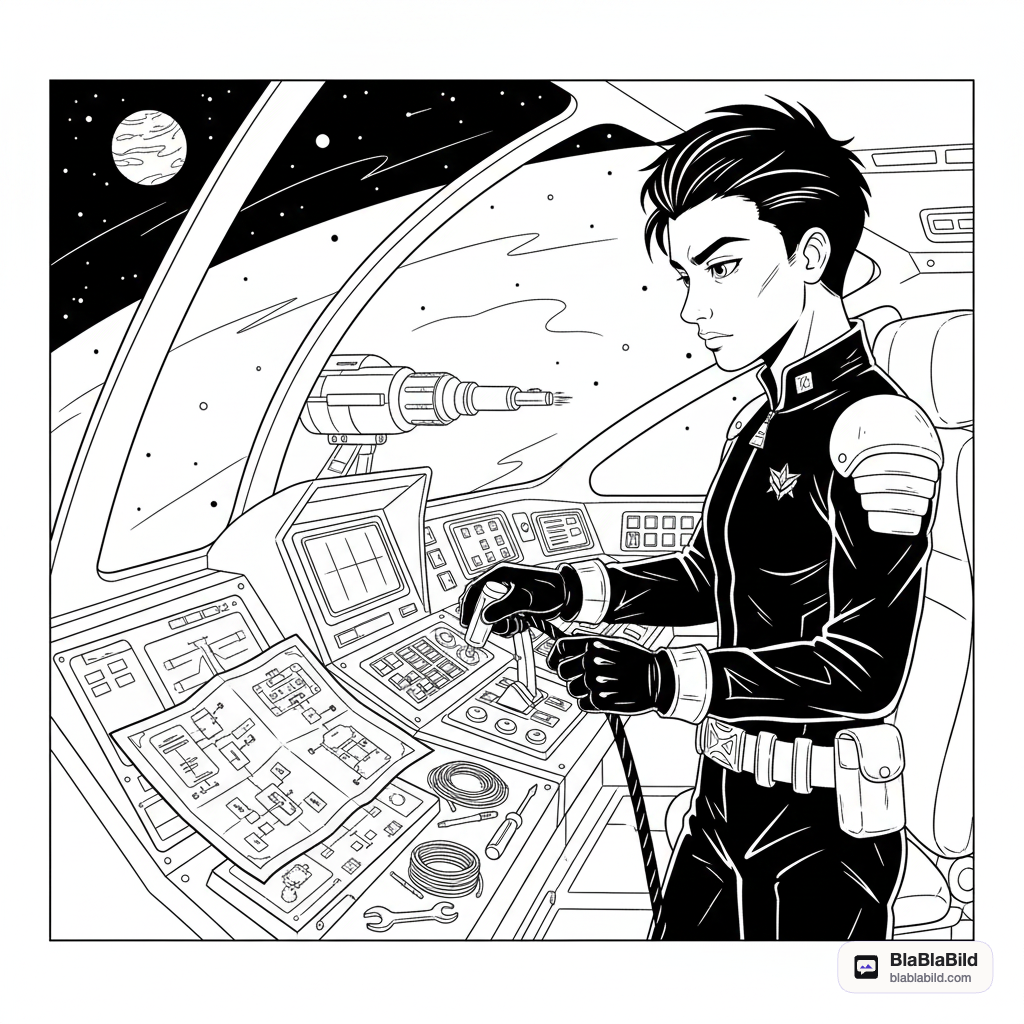 Coloring page from a mini story about a spaceship fixing a fallen star castle. – page 3