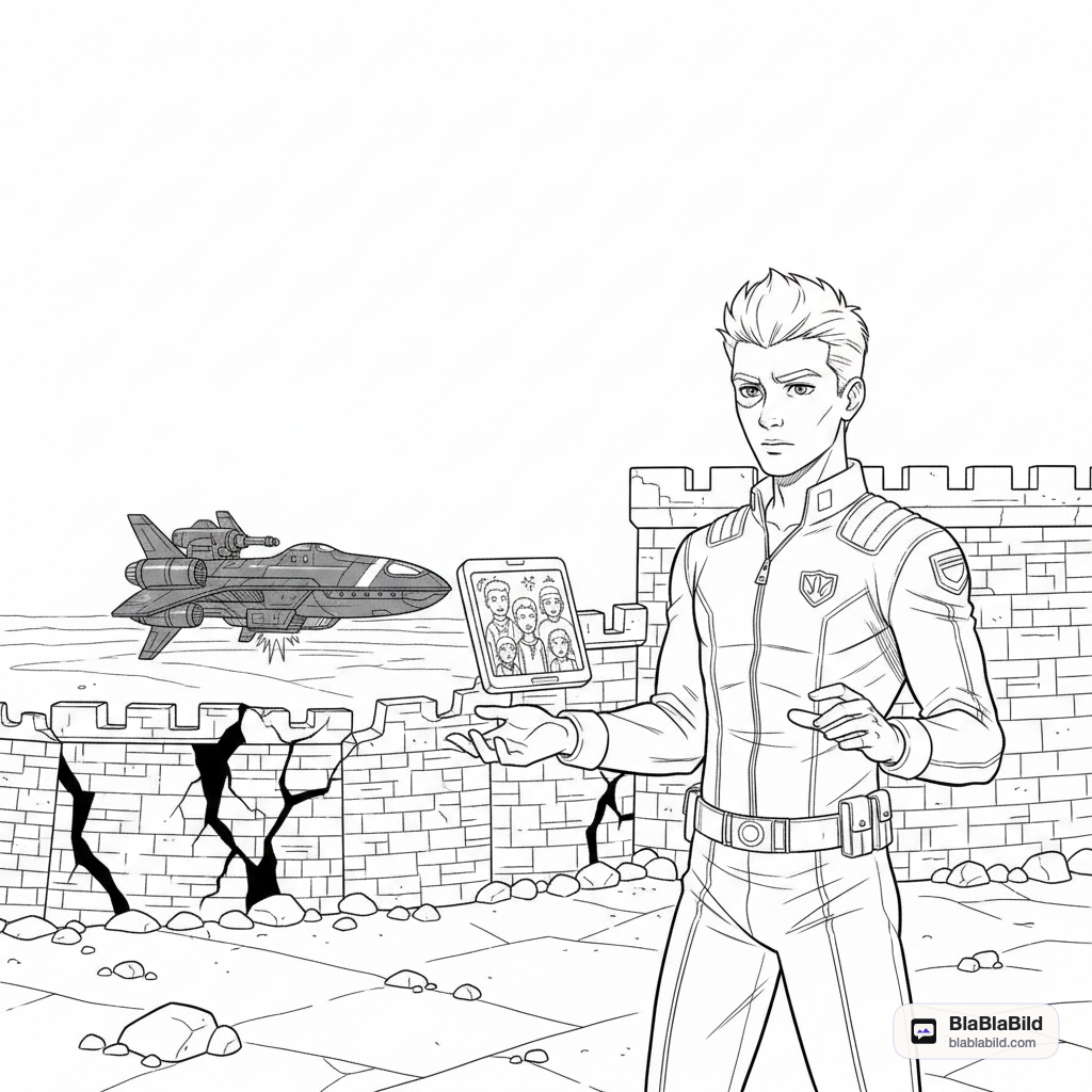 Coloring page from a mini story about a spaceship fixing a fallen star castle. – page 9